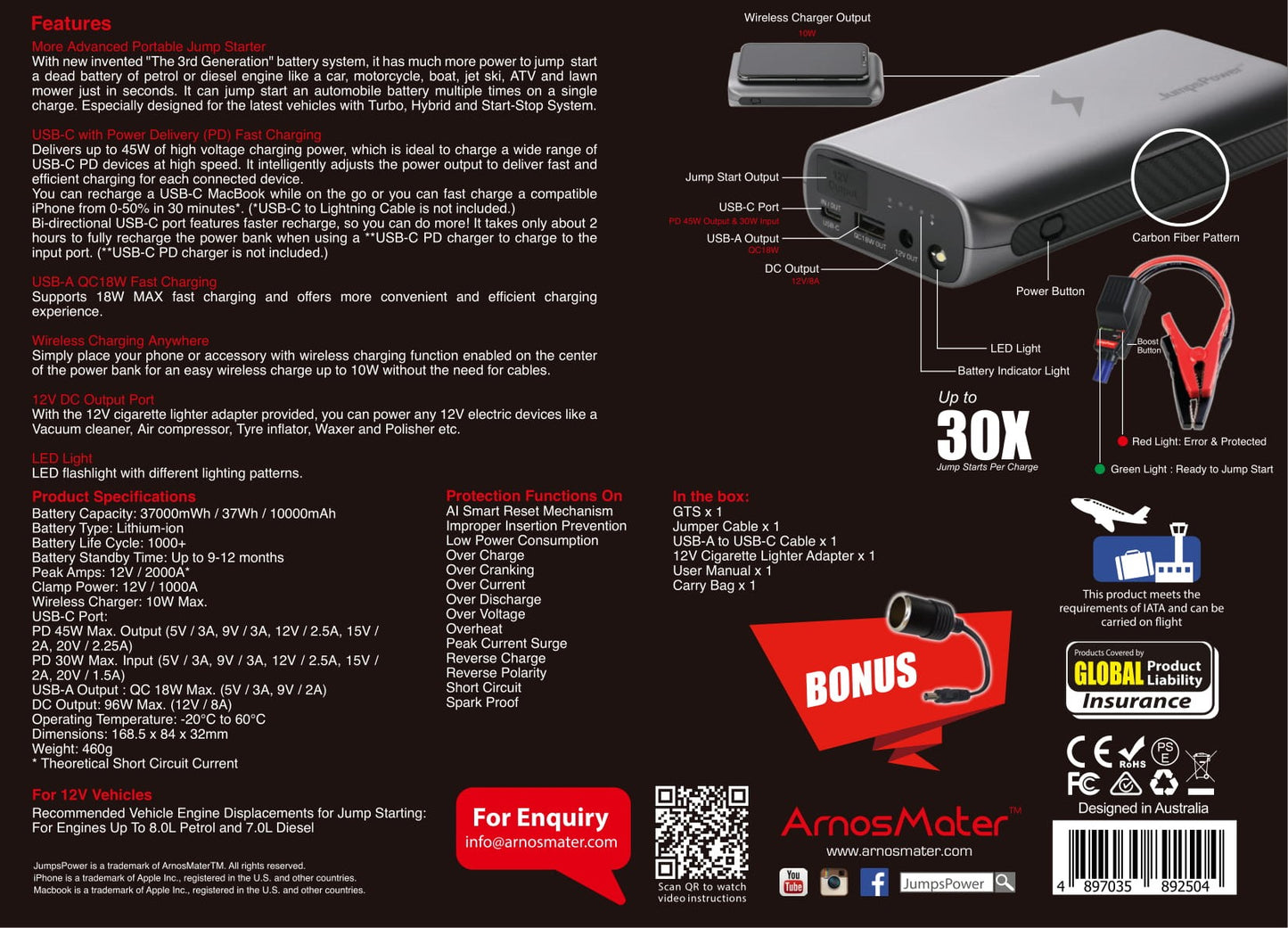 JumpsPower™GTS - 2000A Jump Starter USB-C Powerbank PD45W QC18W Wireless Charger for iPhone Macbook