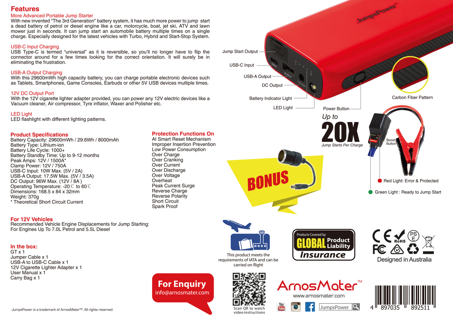 JumpsPower™GT - 1500A Jump Starter for up to 7.0L Petrol Engines or 5.5L Diesel Engines, USB-C Powerbank 29600mWh